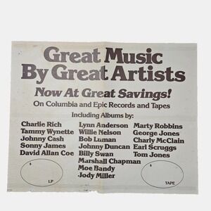 Great Music By Great Artist VTG 1970s Country Promo Poster 20x25 Columbia Epic